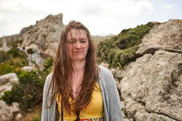 young woman portrait with Formentor Landscape, Mallorca, Balearic island, Spain