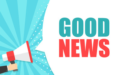 Wall Mural - male hand holding megaphone with good news speech bubble. loudspeaker. banner for business, marketin