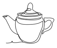 Teapot Vector Illustration Isolated On White Background. Continuous Line Drawing. Vector Monochrome, Drawing By Lines