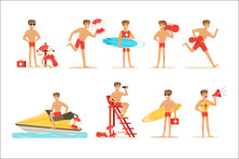 Lifeguard Man Character Doing His Job. Water Rescue Vector Illustrations