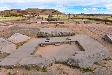 Wall Mural - Ancient carved stone replica of the subterranean temple at the Tiwanaku archaeological site, near La Paz, Bolivia