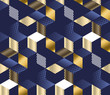 Geometric blue and gold cubes luxury seamless pattern