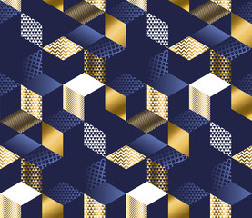 Wall Mural - geometric blue and gold cubes luxury seamless pattern