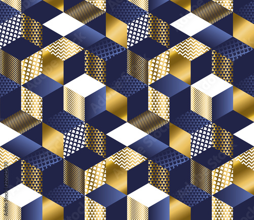 Geometric blue and gold cubes luxury seamless pattern