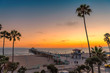 Palm trees and Pier on Manhattan Beach at sunset in California, Los Angeles, USA. Fashion travel and tropical beach concept.