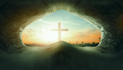 Poster - Jesus Christ Birth Death Resurrection Concept：Tomb Empty With Crucifixion At Sunrise