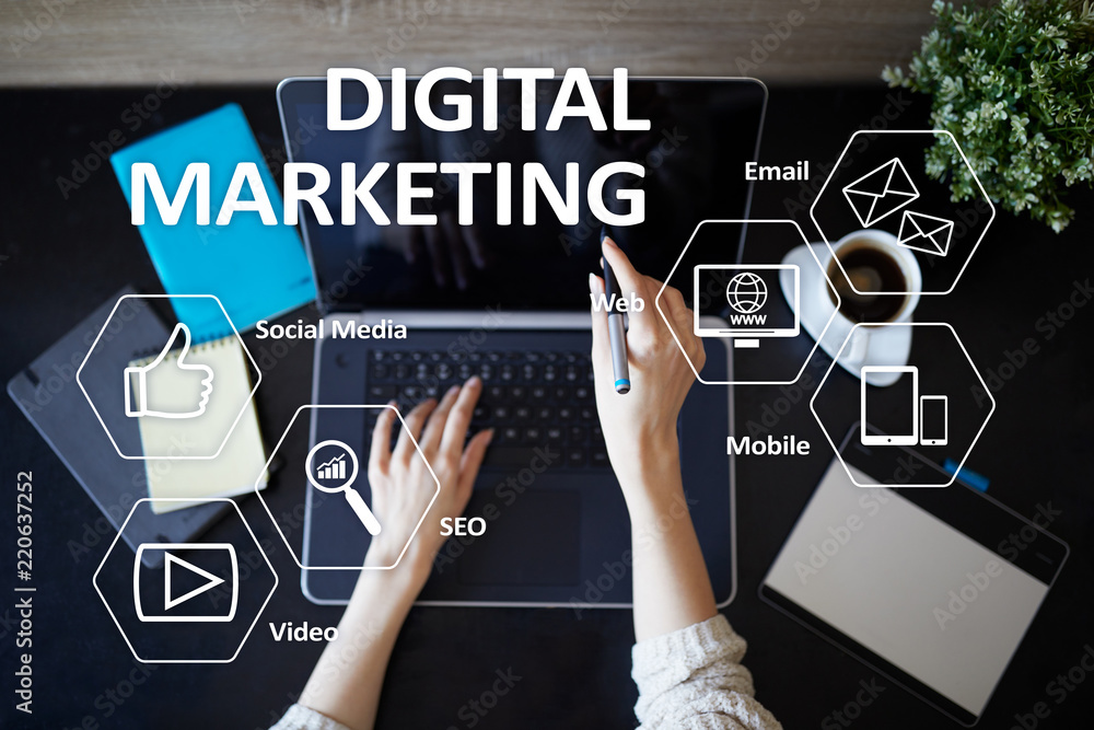 DIgital marketing technology concept. Internet. Online. Search Engine Optimisation. SEO. SMM. Advertising. - obrazy, fototapety, plakaty 