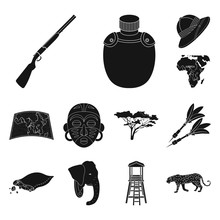 African Safari Black Icons In Set Collection For Design. Trophies And Equipment For Safari Vector Symbol Stock Web Illustration.