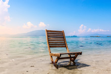 Wooden Beach Chair Empty Ocean Shore Landscape Vacation Relaxation Peace