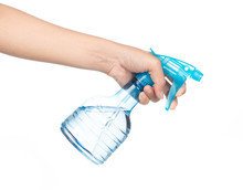 Hand Holding Blue Bottle Can Spray Pistol. Object Isolated On White Background