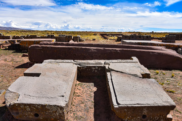 Wall Mural - Elaborate carving in megalithic stone at Puma Punku, part of the Tiwanaku archaeological complex, a UNESCO world heritage site near La Paz, Bolivia.