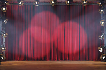 Wall Mural - volume light and smoke on the theater stage with red velvet curtains.