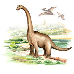 Plakat dinozaur dziki sztuka pejzaż natura