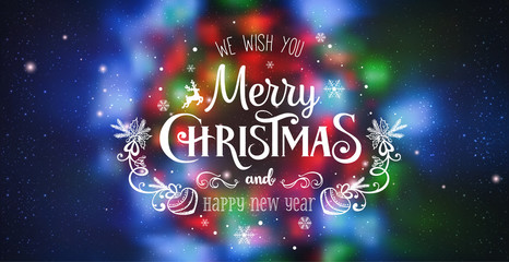 Wall Mural - Christmas and New Year Typographical on shiny Xmas background with winter landscape with snowflakes, light, stars.