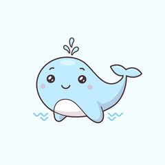 Cute blue whale spraying water vector illustration in kawaii cartoon style