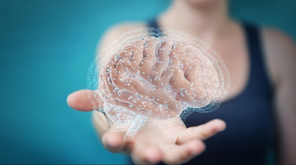 Wall Mural - businesswoman using digital 3d projection of a human brain 3d rendering