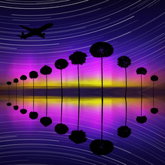 Sticker - Landscape with trees and flying aircraft at night. Vector illustration with silhouettes of maples reflected in water. Rotation of stars. Northern lights in starry sky. Colorful aurora borealis
