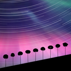 Sticker - Landscape with trees at night. Vector illustration with silhouettes of maples on hill. Rotation of stars. Northern lights in starry sky. Colorful aurora borealis