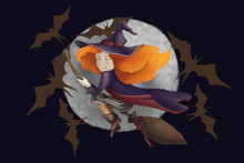 A Little Cute Witch On A Broomstick With Bats And The Moon. On A Black Background. Red Hair. Halloween