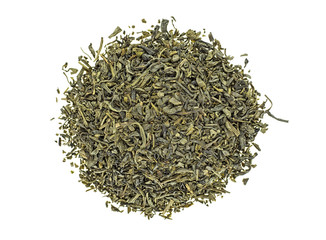 Poster - Heap of dry green tea isolated on white background. Top view.