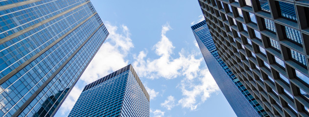 Bottom view of skyscrapers in Manhattan, New York, USA