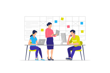 Business process, teamwork, office, workplace, business characters. Vector illustration.