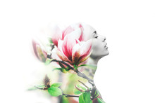 Multiple Exposure. Woman And Magnolia