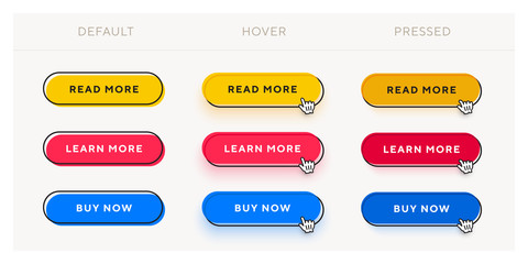 Fototapete - Set of vector modern trendy flat buttons with different states. Different colors of main shape with black oval outline frames.