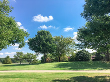 Beautiful Grassy Lawn Park With Trail Pathway System Near Suburban Residential Houses In Coppell, Texas, USA. Green Grass Meadow And Mature Trees