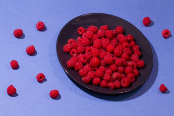 Bright ripe juicy raspberries on a pastel black plate on a pastel blue background.