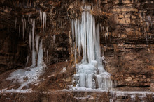 Frozen Waterfall Of Ice In Yuntai Mountain. Xiuwu County, Jiaozuo, Henan Province China. Frozen Water, Icicles, Yuntai UNESCO Global Geopark, Yuntaishan. National Parks Of China, Cold River Water