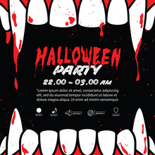 Halloween Party Square Banner With Dracula Fang On Black Background Ilustration Vector. Halloween Concept.