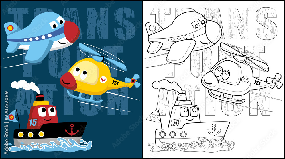 Vector illustration of coloring book or page with funny transportations ...