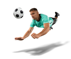 soccer player jumping for a header the isolated on white