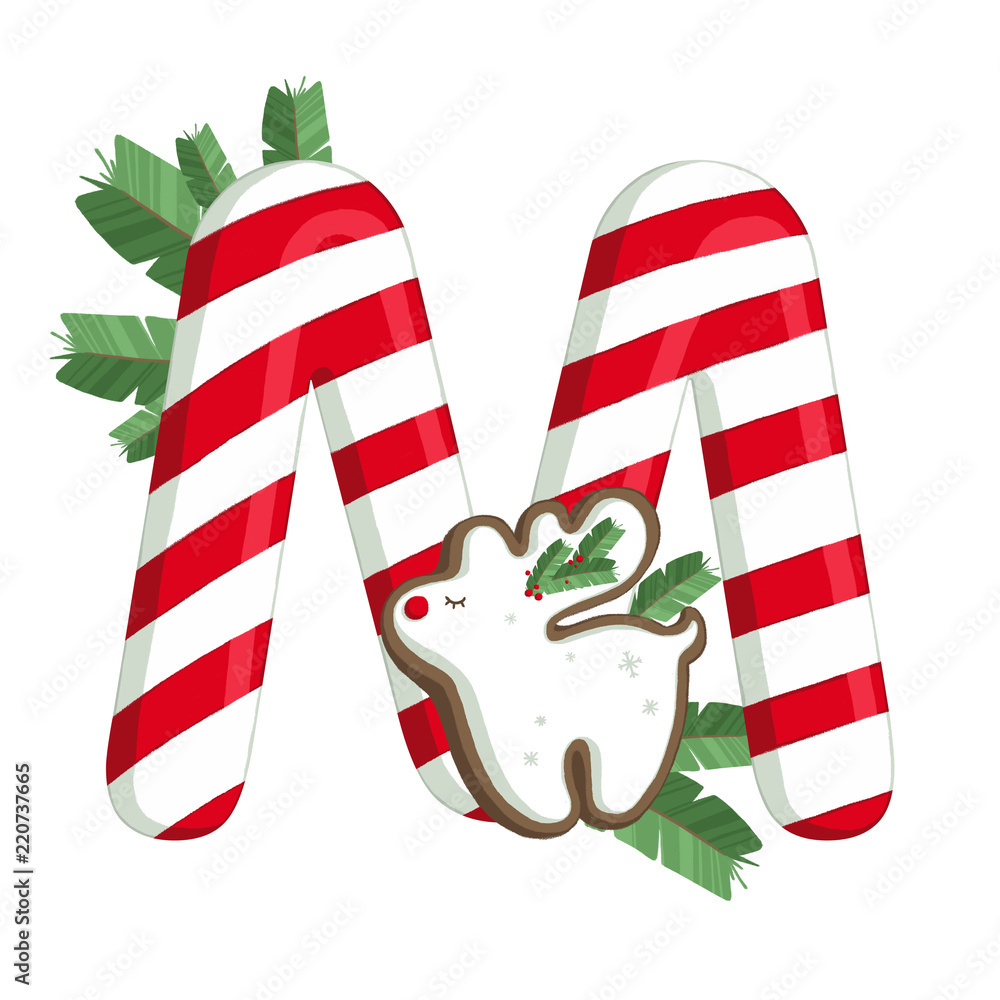 christmas alphabet. illustration of letter m with tree, cookies