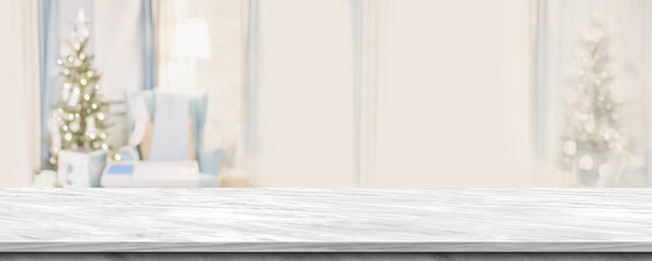 Fototapete - Empty grey marble table top with abstract warm living room decor with christmas tree blur background with bokeh light,Holiday backdrop,Mock up banner for display of advertise product ,luxury house.