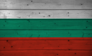 Wall Mural - Flag of Bulgaria on wooden background, surface. Wooden wall, planks. National flag.