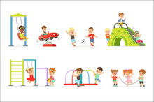 Cute Cartoon Little Kids Playing And Having Fun At The Playground Set Of Vector Illustrations