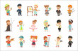 © topvectors - Cute kids in various professions set. Smiling little boys and girls in uniform with professional equipment colorful vector illustrations