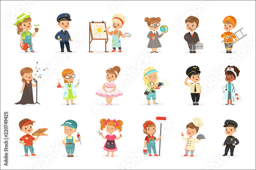 Cuadros en Lienzo Cute kids in various professions set