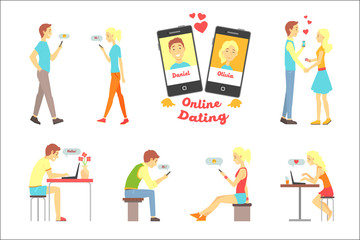 Wall Mural - Online dating app, people finding love using dating websites and app on smartphones and computers set of vector Illustrations