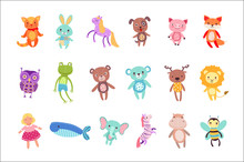 Set Of Cute Colorful Soft Plush Animal Toys Vector Illustrations
