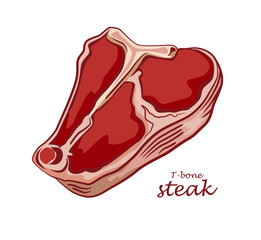 Wall Mural - T-bone steak. Piece of meat isolated on white background. Cut of beef. Colored image with contour. Vector illustration. Icon, emblem, logo element.