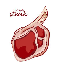 Wall Mural - Rib eye steak. Piece of meat isolated on white background. Cut of beef on the bone. Colored image with contour. Vector illustration. Icon, emblem, logo element.