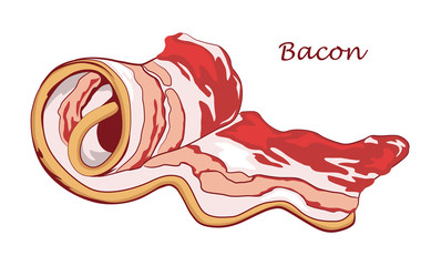 Wall Mural - Bacon rolls isolated on white background. Slice of pork. Colored image with contour. Vector illustration. Icon, emblem, logo element.