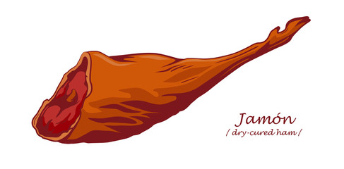 Wall Mural - Gammon. Jamon. Dry-cured ham isolated on white background. Pig leg. Colored image with contour. Vector illustration. Icon, emblem, logo element.