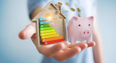 Wall Mural - businessman saving money with good energy chart rating 3d rendering