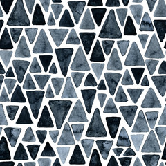 Seamless hand drawn watercolor pattern of triangles. Abstract monochrome design.