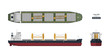 Cargo ship on a white background. Top, side and front view. Container transport in flat style. Industrial drawing of tanker.  Vessel blueprint