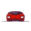 © ikonstudio - Front view of red fantasy racing sport car from 90s or 80s. Red super sport car for races. Line style vector illustration. Sport car banner. Speed and racing auto with spoiler and hidden headlamps.